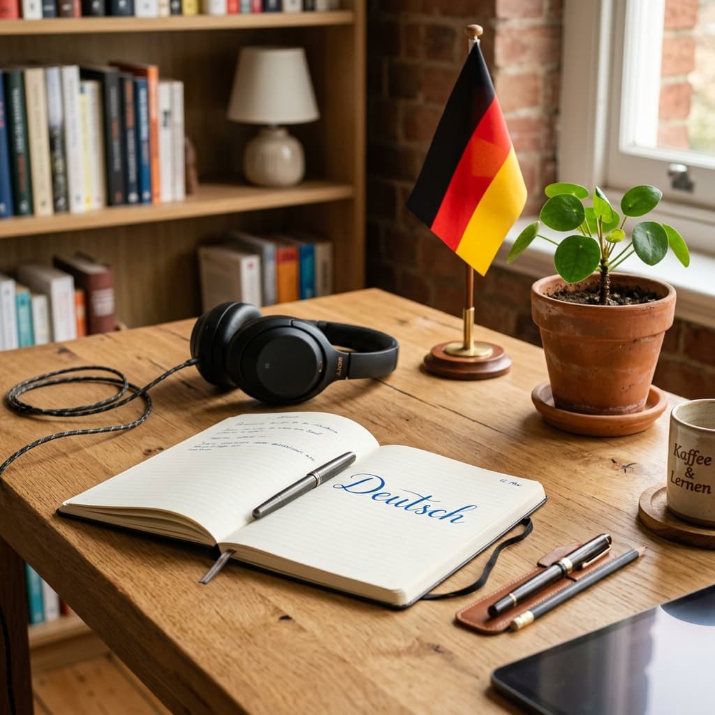 Cozy workspace with Deutsch learning tools